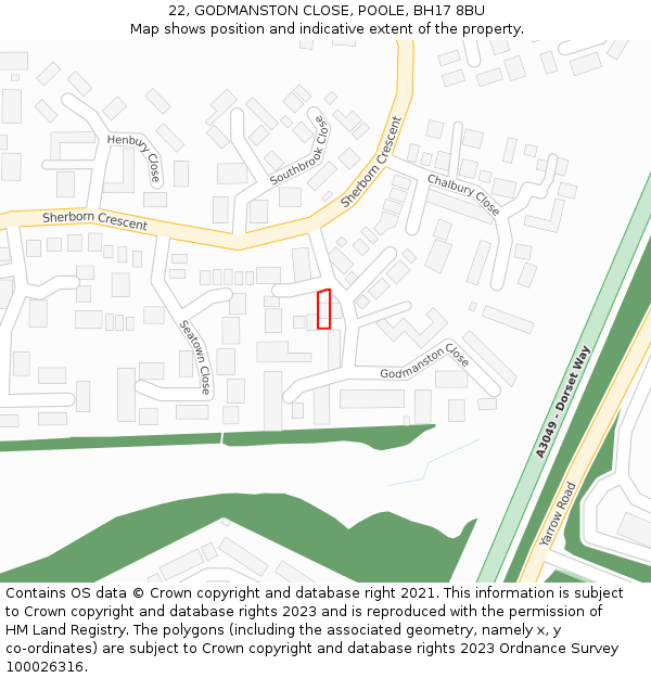 22, GODMANSTON CLOSE, POOLE, BH17 8BU: Location map and indicative extent of plot