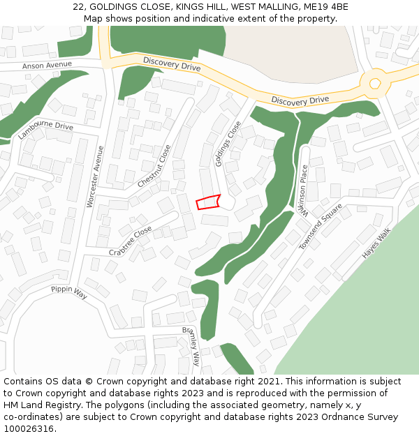 22, GOLDINGS CLOSE, KINGS HILL, WEST MALLING, ME19 4BE: Location map and indicative extent of plot