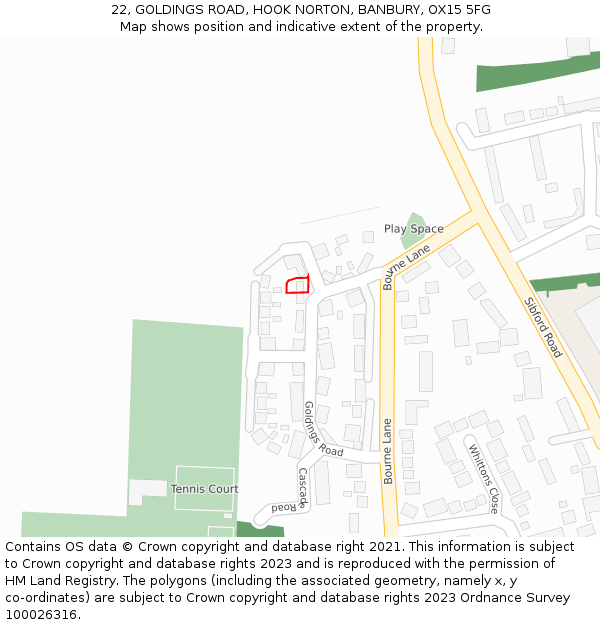 22, GOLDINGS ROAD, HOOK NORTON, BANBURY, OX15 5FG: Location map and indicative extent of plot