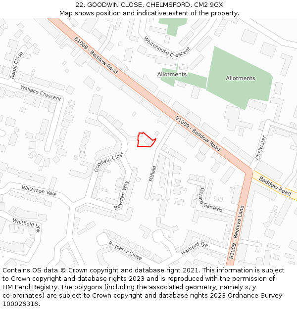 22, GOODWIN CLOSE, CHELMSFORD, CM2 9GX: Location map and indicative extent of plot