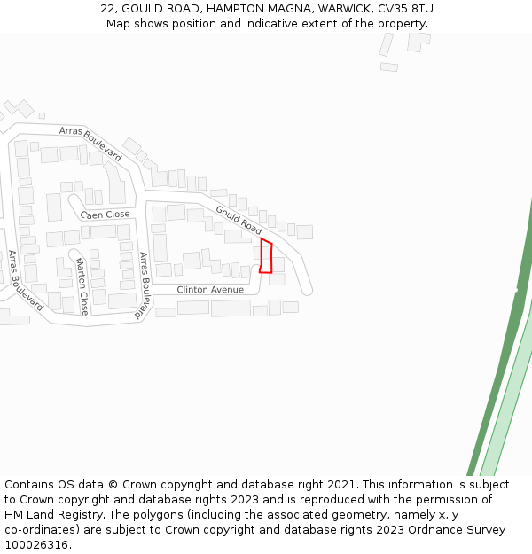 22, GOULD ROAD, HAMPTON MAGNA, WARWICK, CV35 8TU: Location map and indicative extent of plot