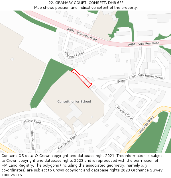 22, GRANARY COURT, CONSETT, DH8 6FF: Location map and indicative extent of plot