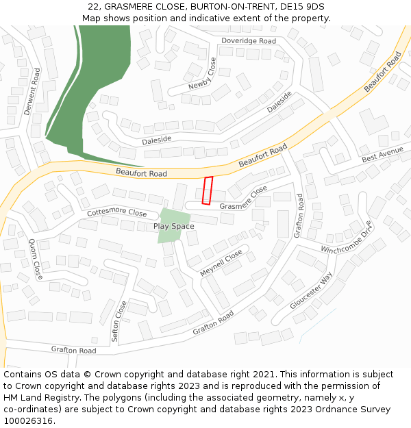 22, GRASMERE CLOSE, BURTON-ON-TRENT, DE15 9DS: Location map and indicative extent of plot