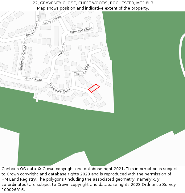22, GRAVENEY CLOSE, CLIFFE WOODS, ROCHESTER, ME3 8LB: Location map and indicative extent of plot