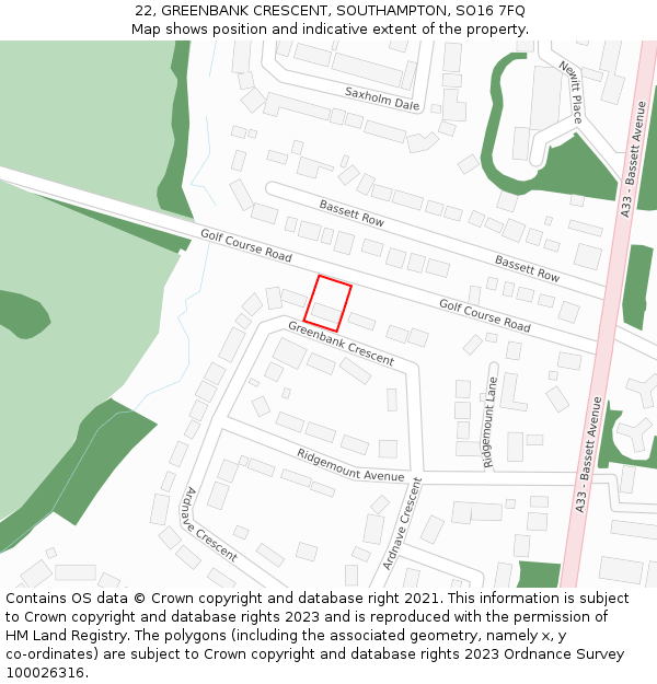 22, GREENBANK CRESCENT, SOUTHAMPTON, SO16 7FQ: Location map and indicative extent of plot