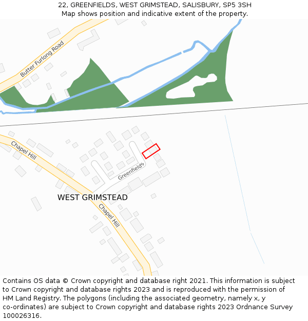 22, GREENFIELDS, WEST GRIMSTEAD, SALISBURY, SP5 3SH: Location map and indicative extent of plot