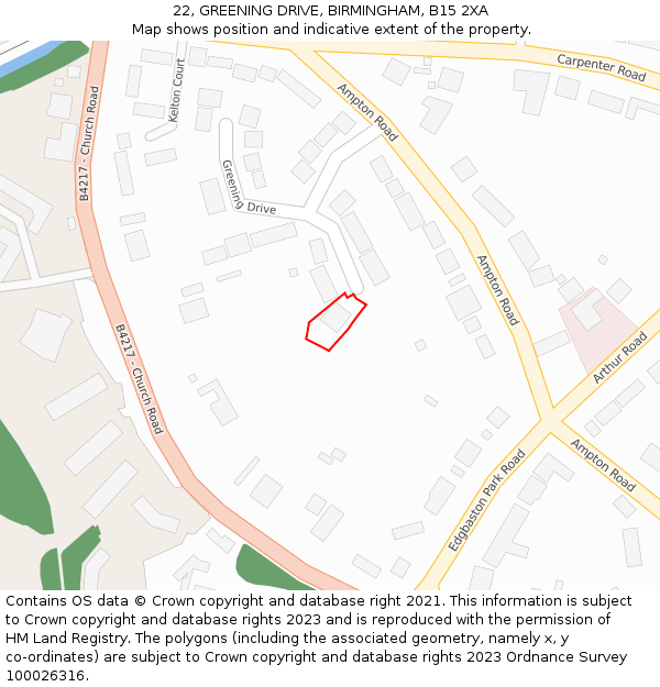 22, GREENING DRIVE, BIRMINGHAM, B15 2XA: Location map and indicative extent of plot