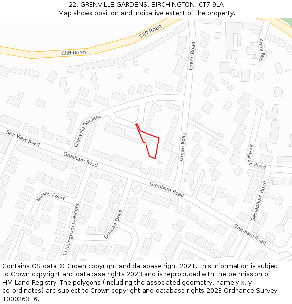 22, GRENVILLE GARDENS, BIRCHINGTON, CT7 9LA: Location map and indicative extent of plot