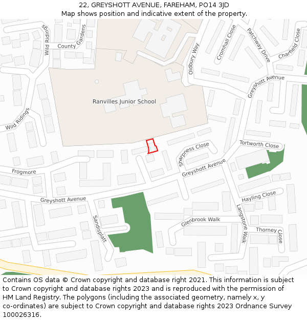 22, GREYSHOTT AVENUE, FAREHAM, PO14 3JD: Location map and indicative extent of plot