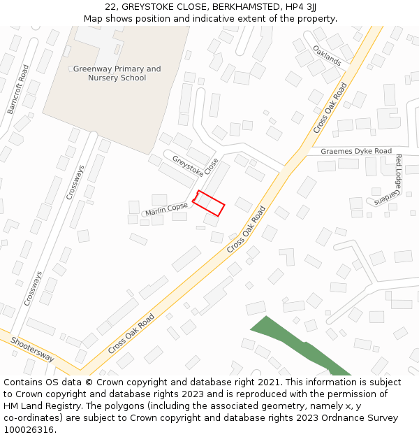 22, GREYSTOKE CLOSE, BERKHAMSTED, HP4 3JJ: Location map and indicative extent of plot