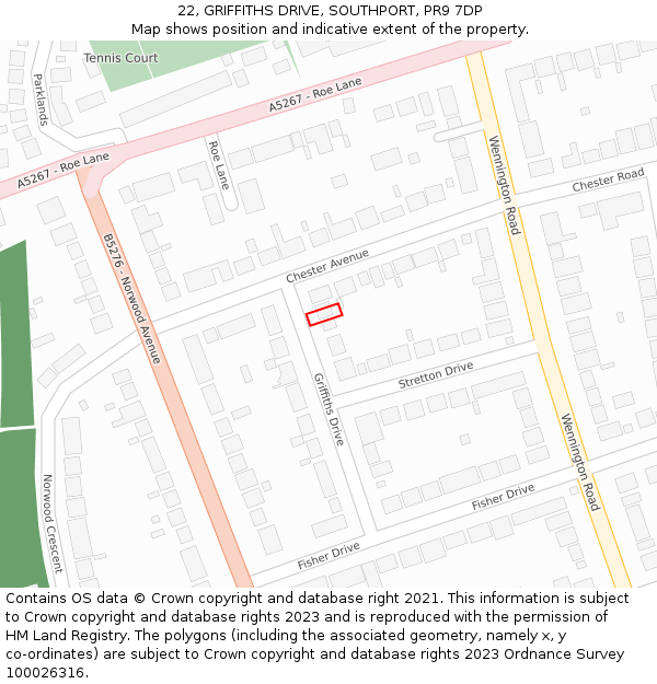 22, GRIFFITHS DRIVE, SOUTHPORT, PR9 7DP: Location map and indicative extent of plot