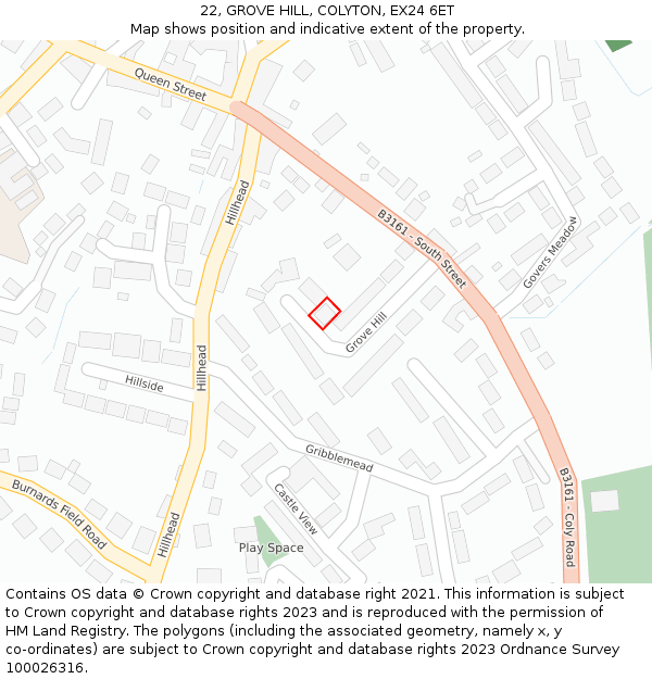 22, GROVE HILL, COLYTON, EX24 6ET: Location map and indicative extent of plot