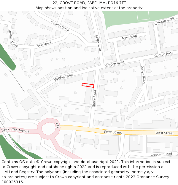 22, GROVE ROAD, FAREHAM, PO16 7TE: Location map and indicative extent of plot