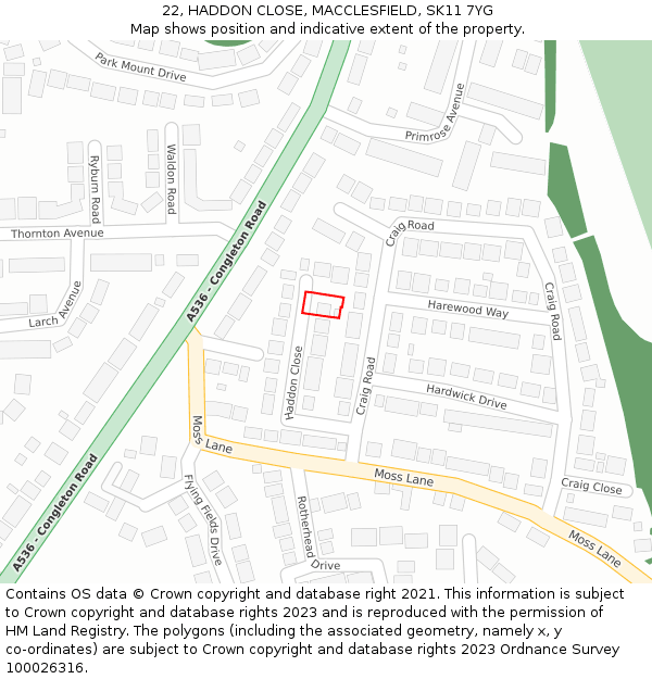 22, HADDON CLOSE, MACCLESFIELD, SK11 7YG: Location map and indicative extent of plot