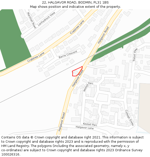 22, HALGAVOR ROAD, BODMIN, PL31 1BS: Location map and indicative extent of plot