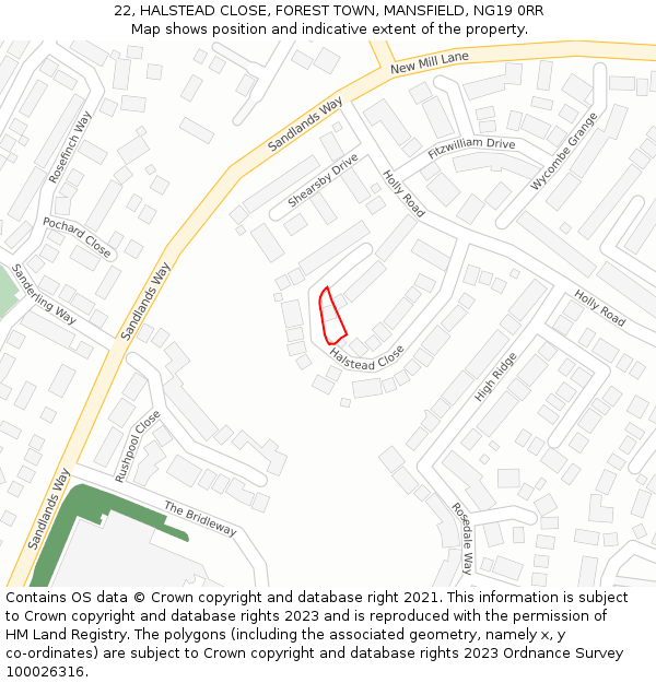 22, HALSTEAD CLOSE, FOREST TOWN, MANSFIELD, NG19 0RR: Location map and indicative extent of plot