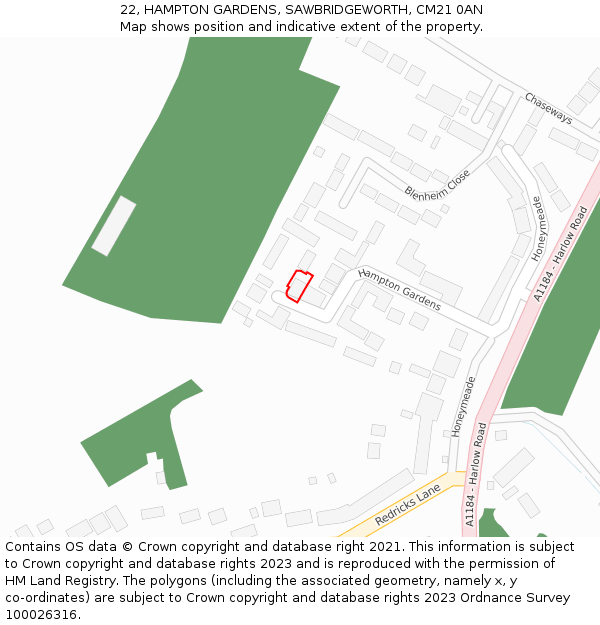 22, HAMPTON GARDENS, SAWBRIDGEWORTH, CM21 0AN: Location map and indicative extent of plot