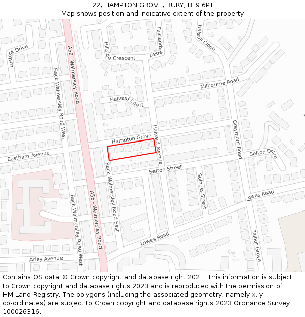 22, HAMPTON GROVE, BURY, BL9 6PT: Location map and indicative extent of plot