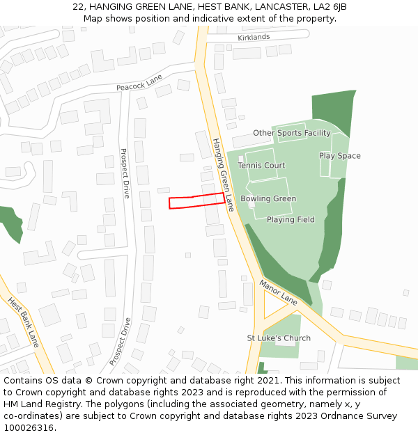 22, HANGING GREEN LANE, HEST BANK, LANCASTER, LA2 6JB: Location map and indicative extent of plot