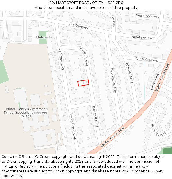 22, HARECROFT ROAD, OTLEY, LS21 2BQ: Location map and indicative extent of plot