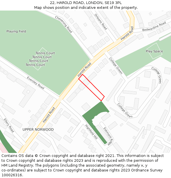 22, HAROLD ROAD, LONDON, SE19 3PL: Location map and indicative extent of plot