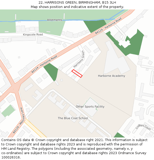 22, HARRISONS GREEN, BIRMINGHAM, B15 3LH: Location map and indicative extent of plot