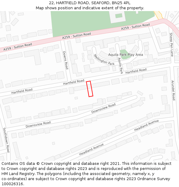 22, HARTFIELD ROAD, SEAFORD, BN25 4PL: Location map and indicative extent of plot