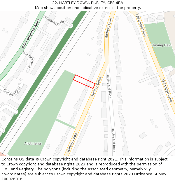 22, HARTLEY DOWN, PURLEY, CR8 4EA: Location map and indicative extent of plot