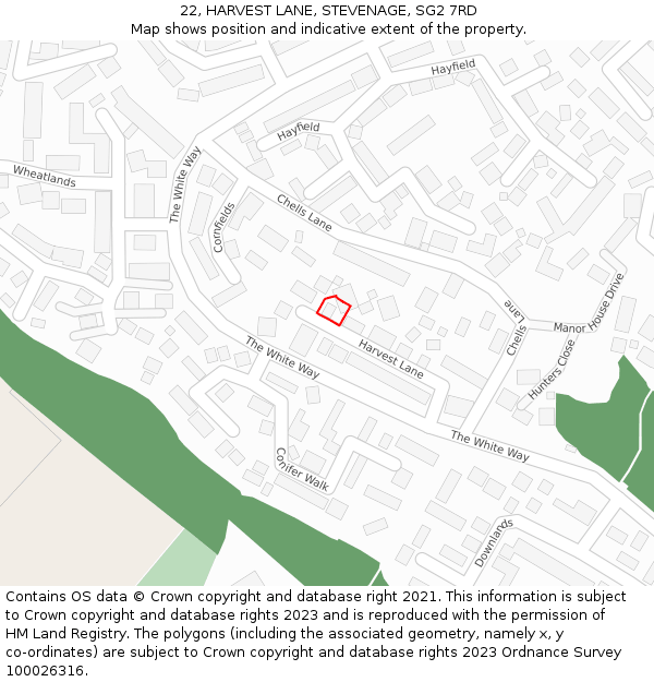 22, HARVEST LANE, STEVENAGE, SG2 7RD: Location map and indicative extent of plot