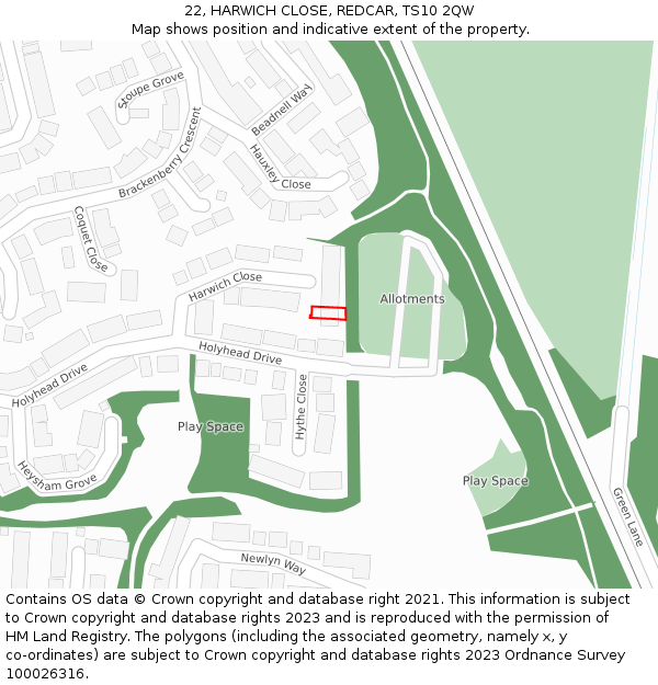 22, HARWICH CLOSE, REDCAR, TS10 2QW: Location map and indicative extent of plot