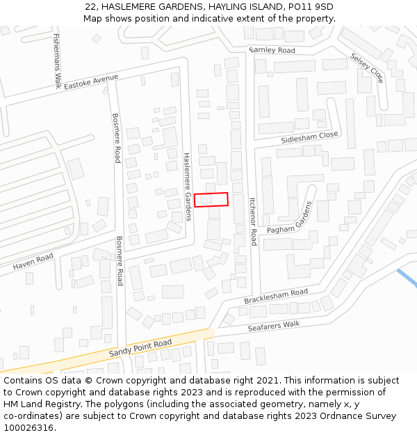 22, HASLEMERE GARDENS, HAYLING ISLAND, PO11 9SD: Location map and indicative extent of plot