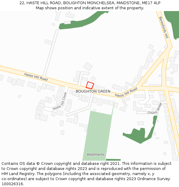22, HASTE HILL ROAD, BOUGHTON MONCHELSEA, MAIDSTONE, ME17 4LP: Location map and indicative extent of plot