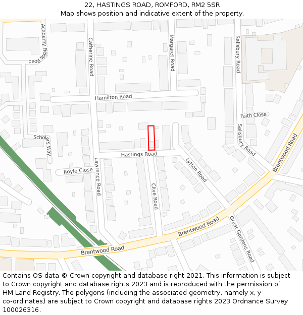 22, HASTINGS ROAD, ROMFORD, RM2 5SR: Location map and indicative extent of plot