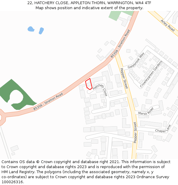 22, HATCHERY CLOSE, APPLETON THORN, WARRINGTON, WA4 4TF: Location map and indicative extent of plot