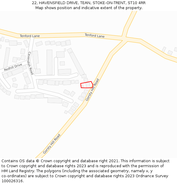 22, HAVENSFIELD DRIVE, TEAN, STOKE-ON-TRENT, ST10 4RR: Location map and indicative extent of plot