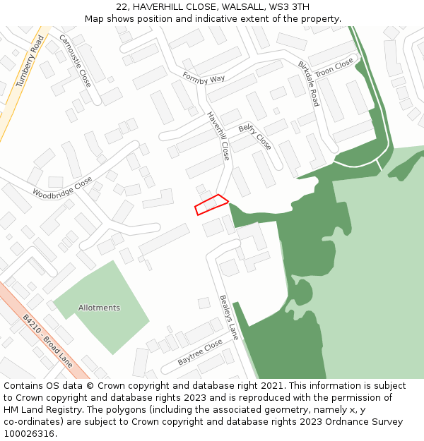 22, HAVERHILL CLOSE, WALSALL, WS3 3TH: Location map and indicative extent of plot