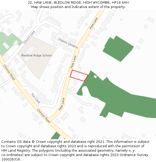 22, HAW LANE, BLEDLOW RIDGE, HIGH WYCOMBE, HP14 4AH: Location map and indicative extent of plot