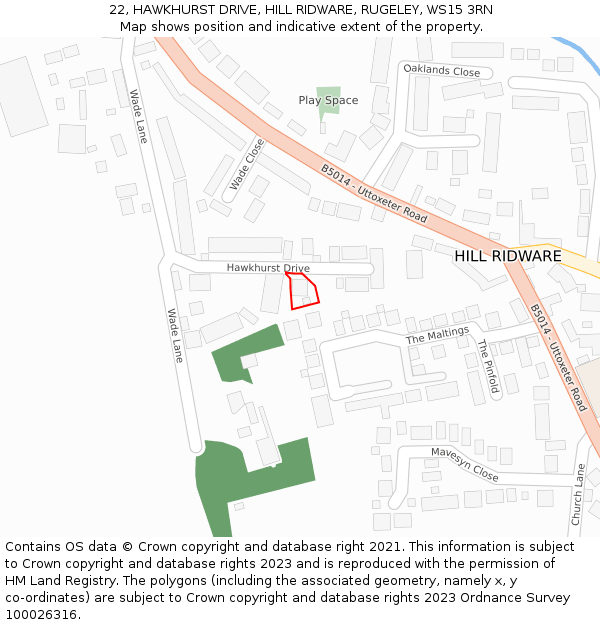 22, HAWKHURST DRIVE, HILL RIDWARE, RUGELEY, WS15 3RN: Location map and indicative extent of plot