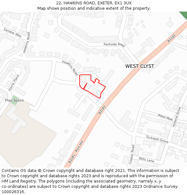 22, HAWKINS ROAD, EXETER, EX1 3UX: Location map and indicative extent of plot