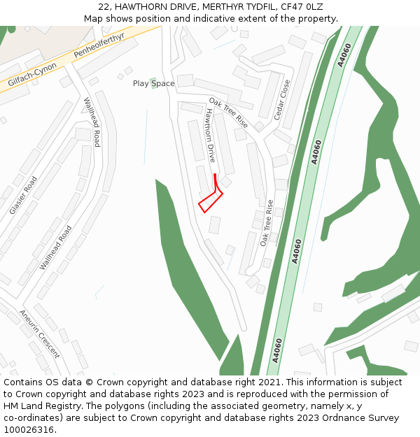 22, HAWTHORN DRIVE, MERTHYR TYDFIL, CF47 0LZ: Location map and indicative extent of plot