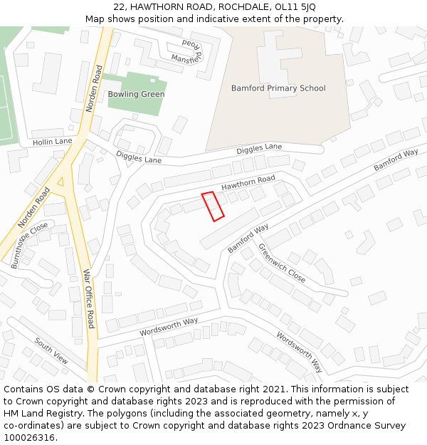 22, HAWTHORN ROAD, ROCHDALE, OL11 5JQ: Location map and indicative extent of plot