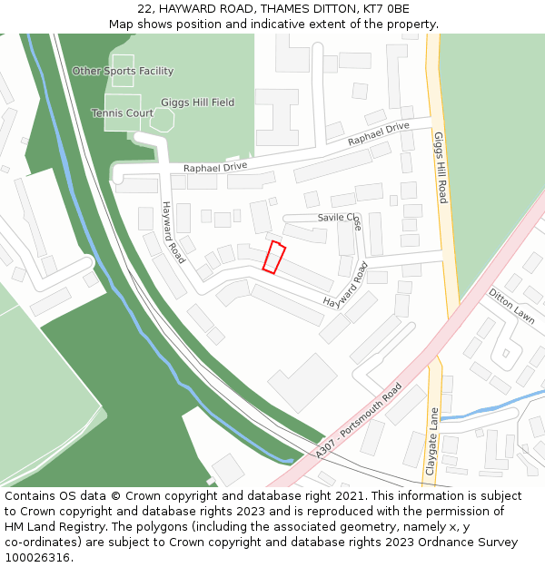 22, HAYWARD ROAD, THAMES DITTON, KT7 0BE: Location map and indicative extent of plot