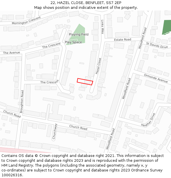 22, HAZEL CLOSE, BENFLEET, SS7 2EP: Location map and indicative extent of plot