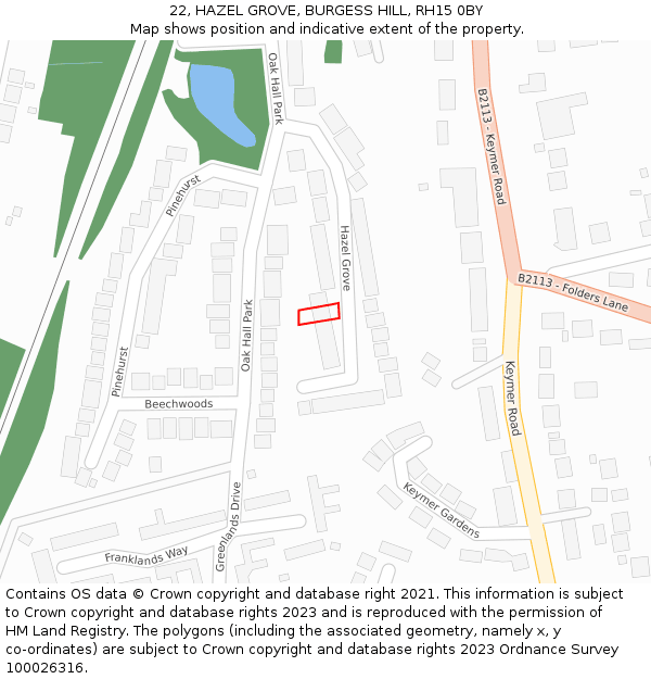 22, HAZEL GROVE, BURGESS HILL, RH15 0BY: Location map and indicative extent of plot