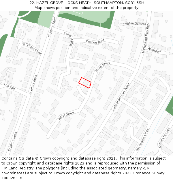 22, HAZEL GROVE, LOCKS HEATH, SOUTHAMPTON, SO31 6SH: Location map and indicative extent of plot