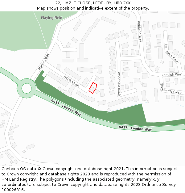 22, HAZLE CLOSE, LEDBURY, HR8 2XX: Location map and indicative extent of plot