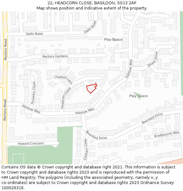 22, HEADCORN CLOSE, BASILDON, SS13 2AP: Location map and indicative extent of plot