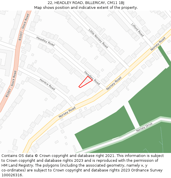 22, HEADLEY ROAD, BILLERICAY, CM11 1BJ: Location map and indicative extent of plot