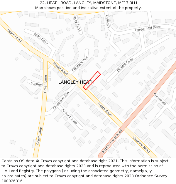 22, HEATH ROAD, LANGLEY, MAIDSTONE, ME17 3LH: Location map and indicative extent of plot