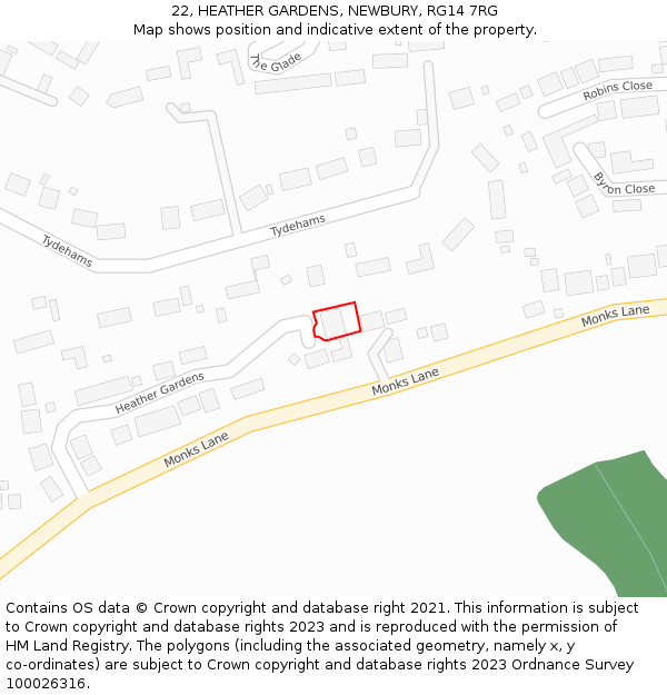 22, HEATHER GARDENS, NEWBURY, RG14 7RG: Location map and indicative extent of plot
